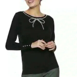 Elle Black Long Sleeve Sweater Sz S Pearl Bow Detail Pullover
